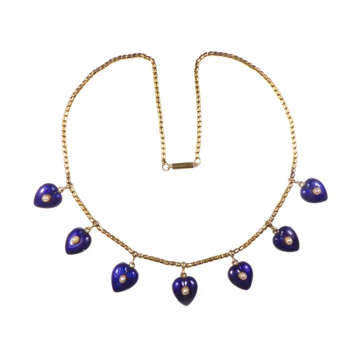Enamel heart fringe necklace, hung with seven guilloche blue bombe hearts